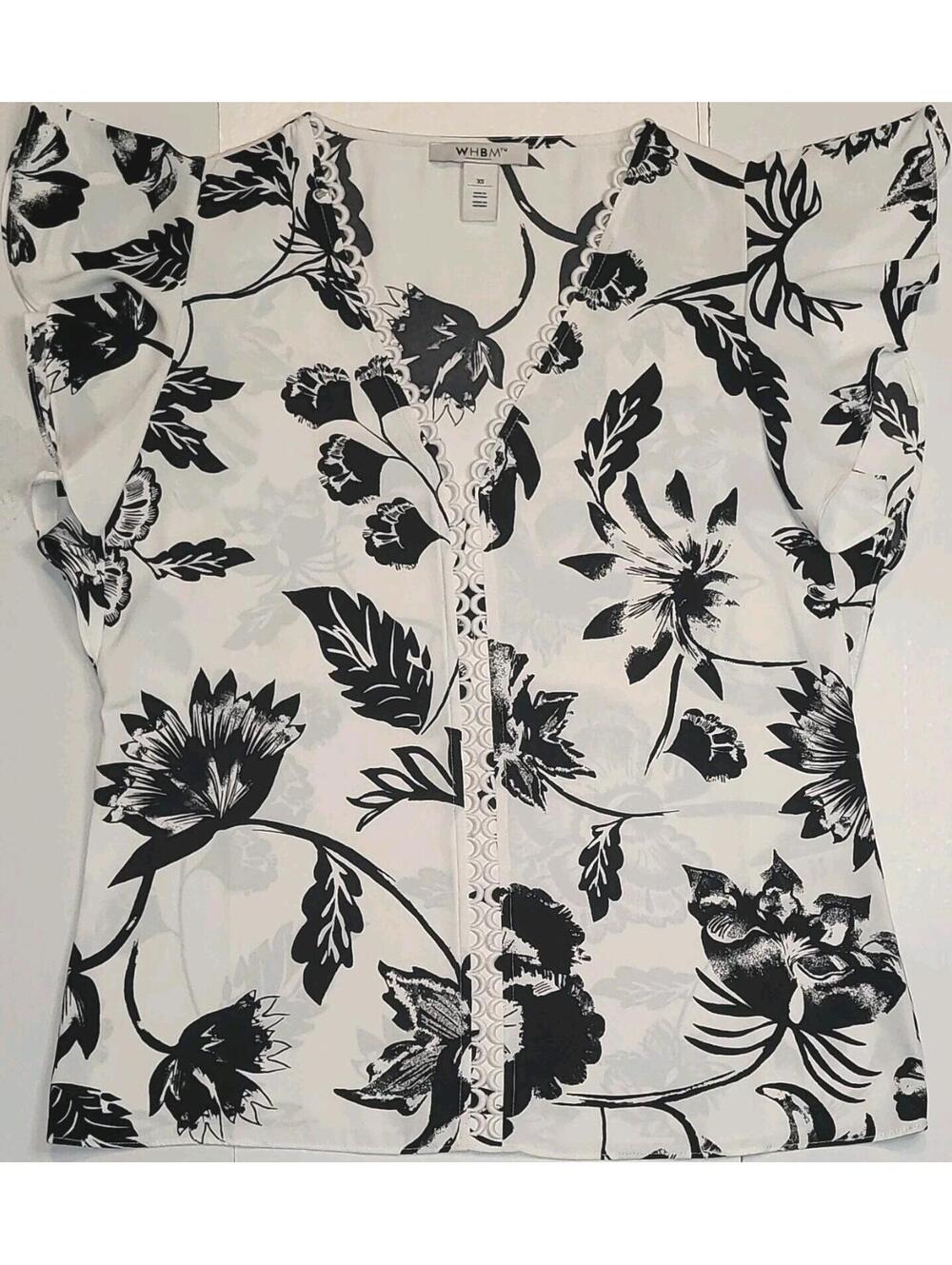 WHBM Women's Floral Ruffle Sleeve Lace Accent V-Neck Blouse White Black XS